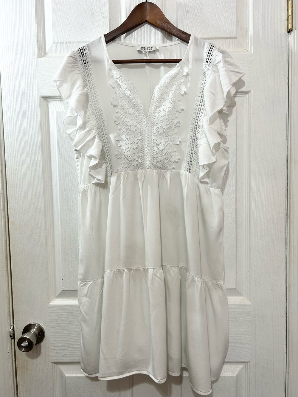 Molly Bracken White Crochet Lace Ruffle Tiered Babydoll Dress Size L